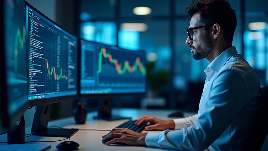 Spazio di lavoro moderno per l'analisi finanziaria con computer e dati di mercato